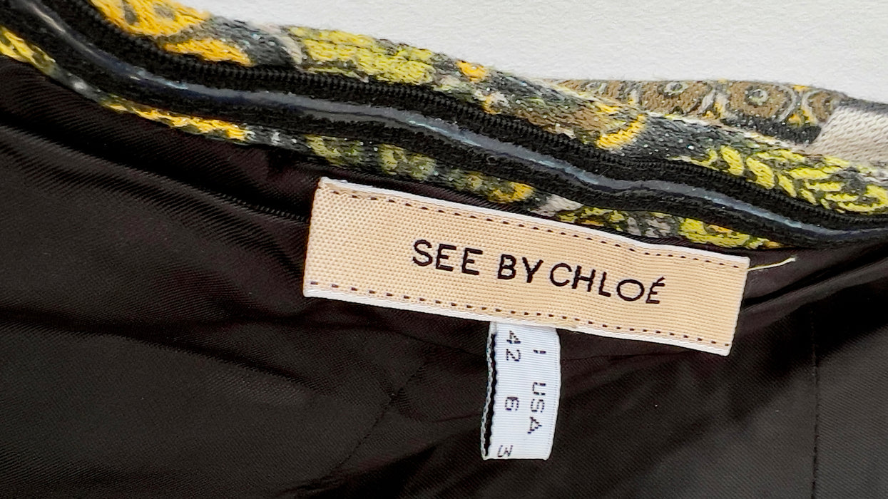 See by Chloé Strapless Green Yellow Pattern Dress US 6