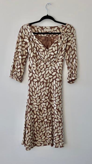 Ann Louise Roswald Dress Brown and Creme Leaf Print UK 10