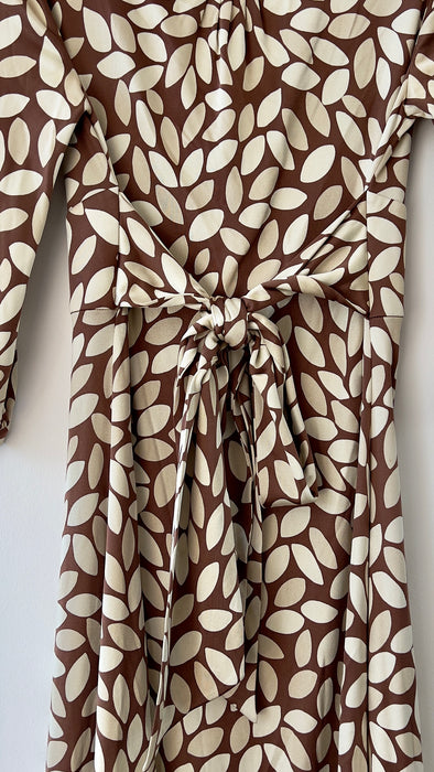 Ann Louise Roswald Dress Brown and Creme Leaf Print UK 10