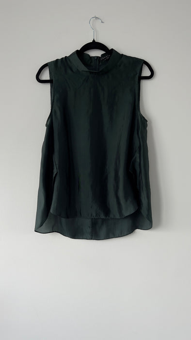 Theory Silk Sleeveless Mock Neck Forest Green Shirt Size Medium