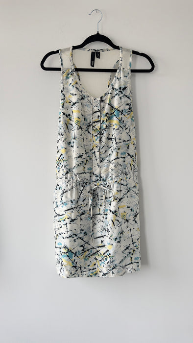 EDUN Silk Pattern Drop Waist Creme Dress with Mesh Back Size Medium
