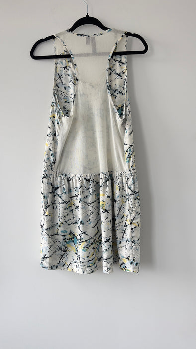 EDUN Silk Pattern Drop Waist Creme Dress with Mesh Back Size Medium