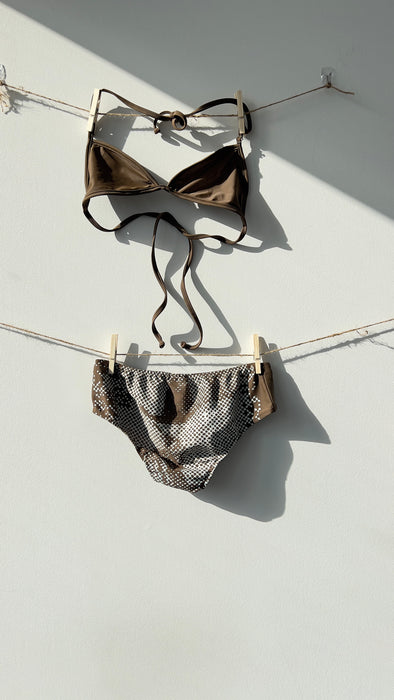 C+ Design Dark Green with White Pattern Bottoms Bikini Swimwear Size Medium