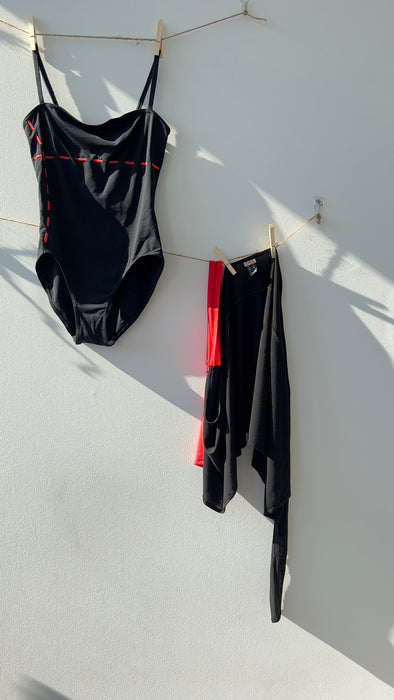 Eres Black and Red One Piece Bathing Suit with Matching Sarong Beach Cover Up Size Medium