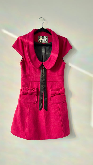 Vintage Pink Martini Fuscia Wool Mini Dress with Ribbon Size Small